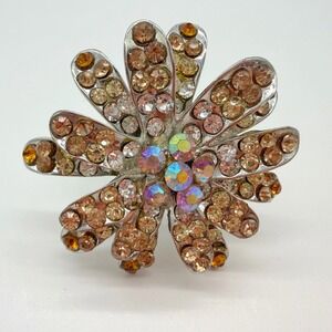 Vintage Rhinestone Flower Cocktail Ring Amber AB Crystal Statement Size 8